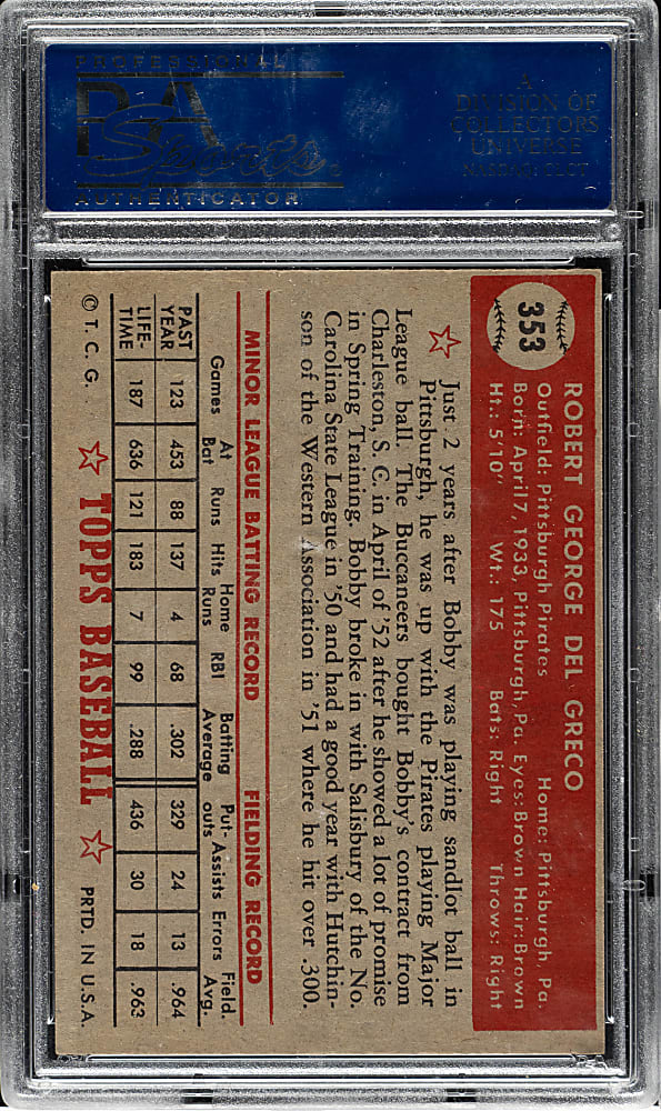 1952 Topps #353 Bob Del Greco High Number PSA NM 7