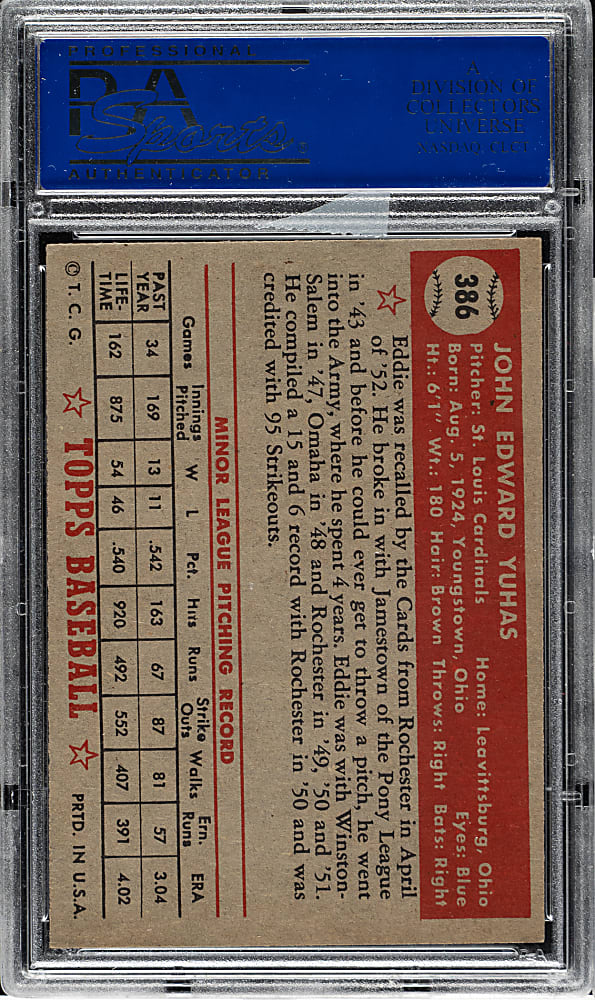 1952 Topps #386 Eddie Yuhas High Number PSA NM 7