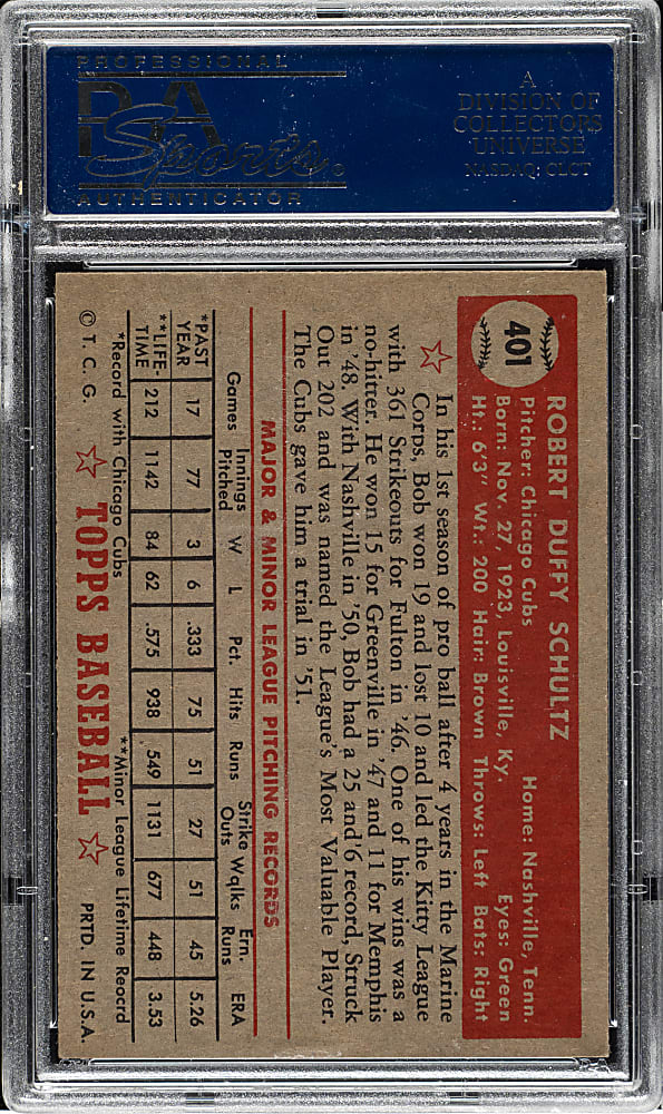 1952 Topps #401 Bob Schultz High Number PSA NM+ 7.5