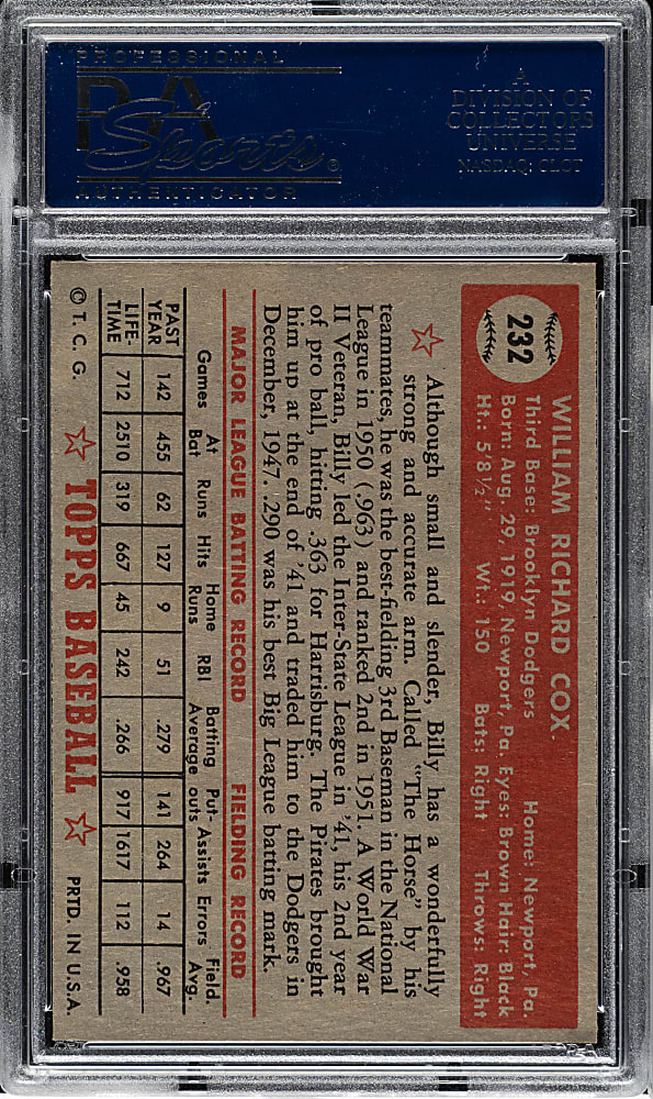 1952 Topps #232 Billy Cox PSA NM-MT+ 8.5