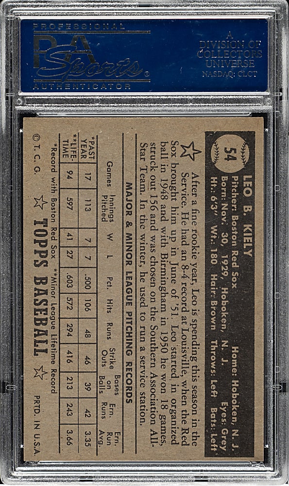 1952 Topps #54 Leo Kiely Black Back PSA NM-MT 8