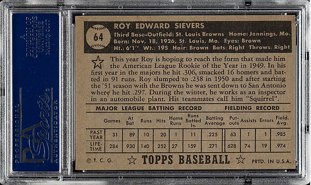 1952 Topps #64 Roy Sievers Black Back PSA NM-MT 8