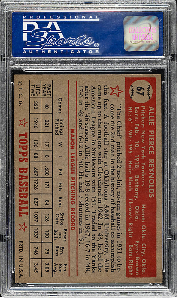 1952 Topps #67 Allie Reynolds PSA NM-MT 8