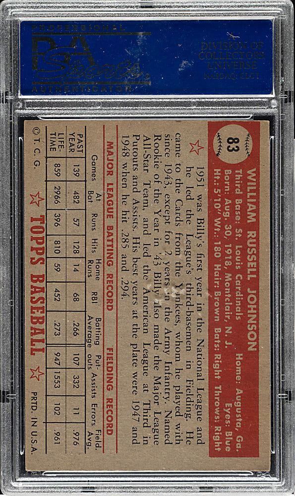 1952 Topps #83 Billy Johnson PSA NM-MT 8