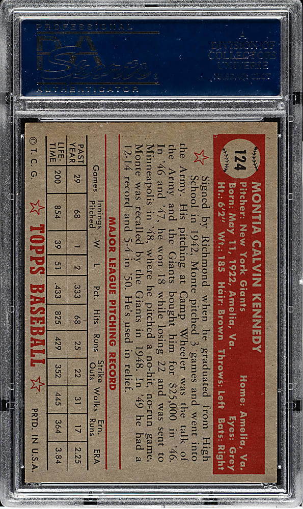 1952 Topps #124 Monte Kennedy PSA NM-MT 8