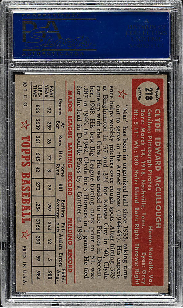 1952 Topps #218 Clyde McCullough PSA NM-MT 8