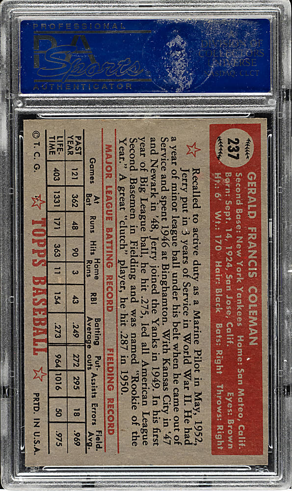 1952 Topps #237 Jerry Coleman PSA NM-MT 8