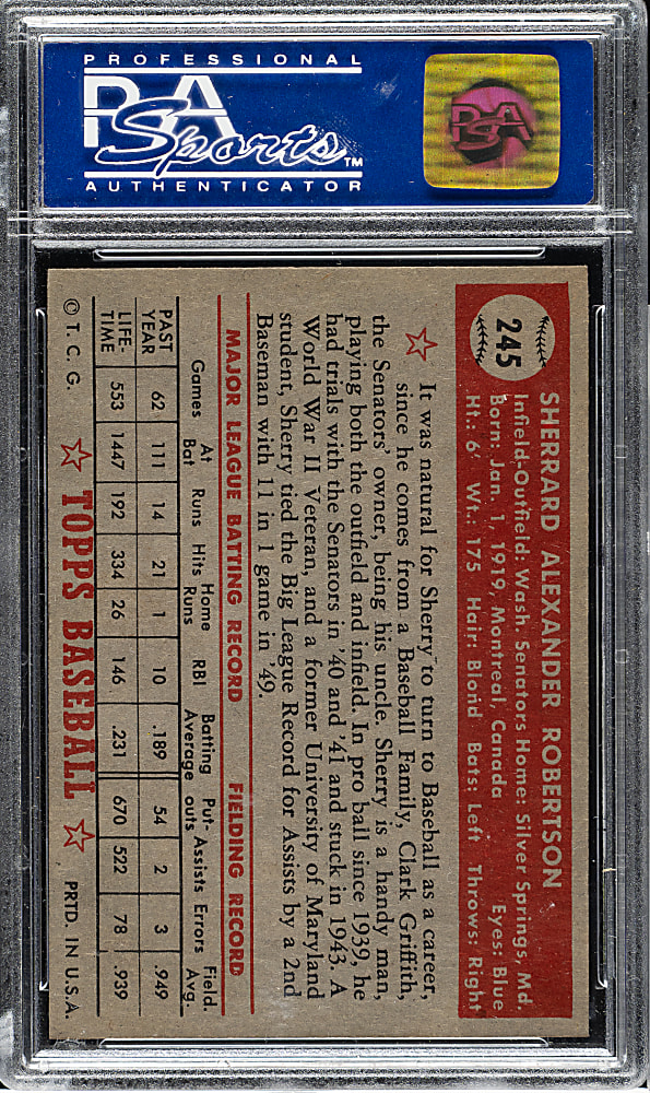 1952 Topps #245 Sherry Robertson PSA NM-MT 8