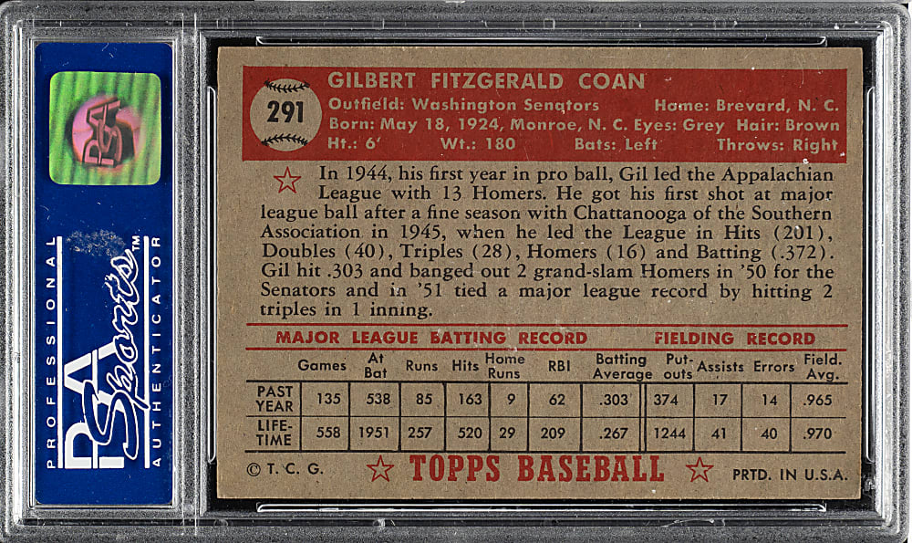 1952 Topps #291 Gil Coan PSA NM-MT 8
