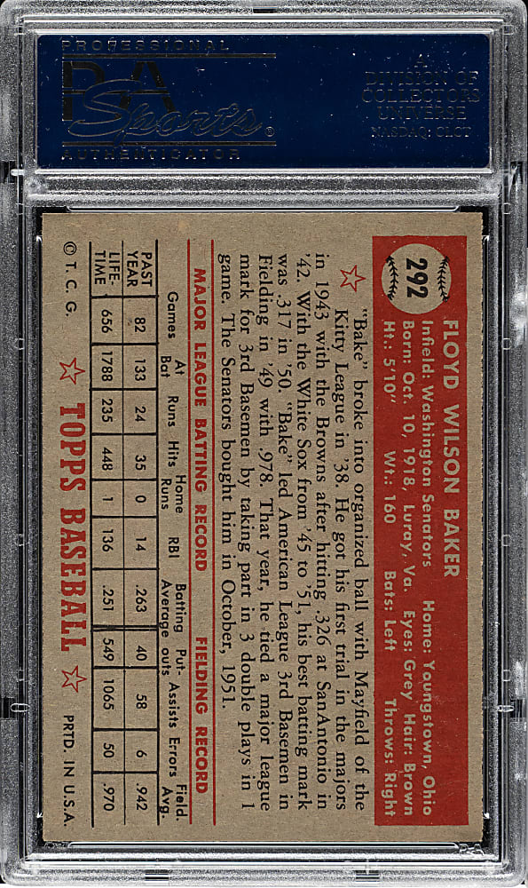 1952 Topps #292 Floyd Baker PSA NM-MT 8