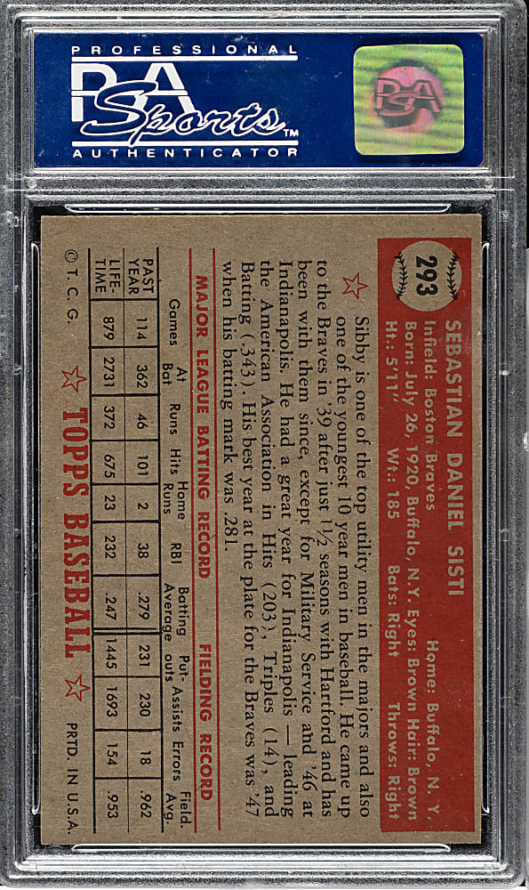 1952 Topps #293 Sibby Sisti PSA NM-MT 8