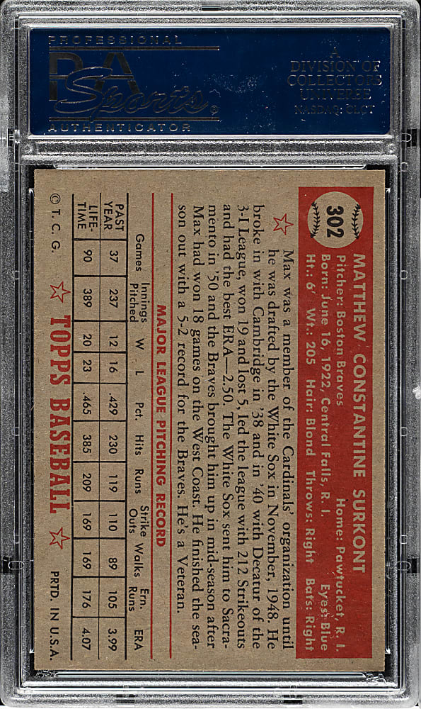 1952 Topps #302 Max Surkont PSA NM-MT 8