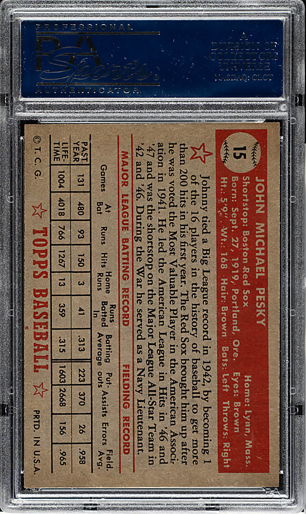 1952 Topps #15 Johnny Pesky PSA NM-MT 8