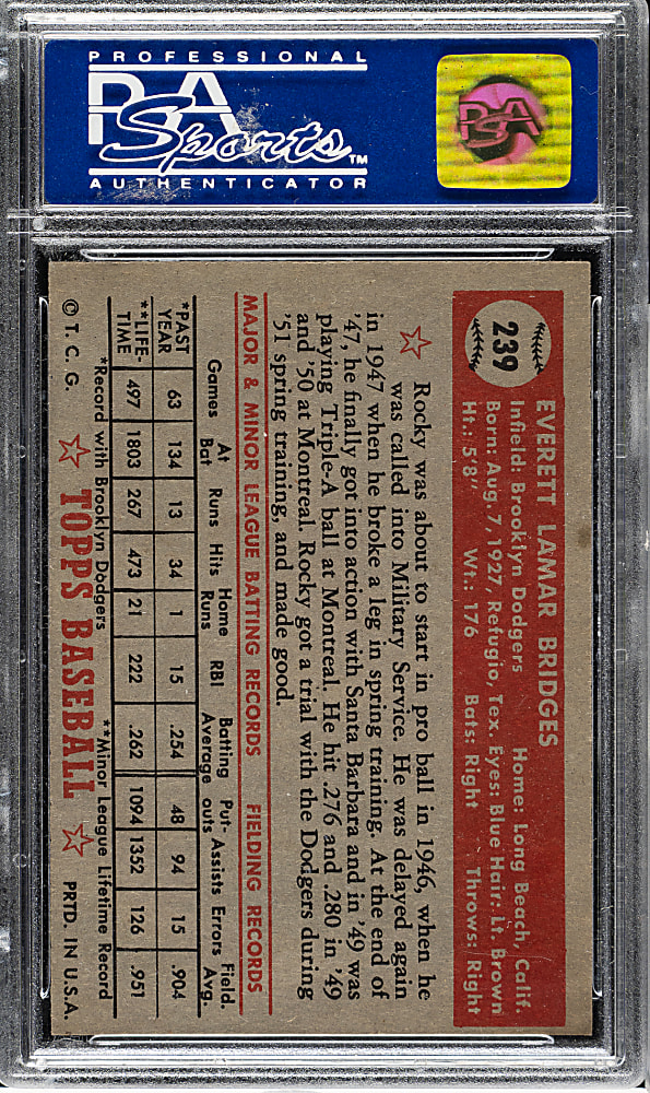 1952 Topps #239 Rocky Bridges PSA NM-MT 8
