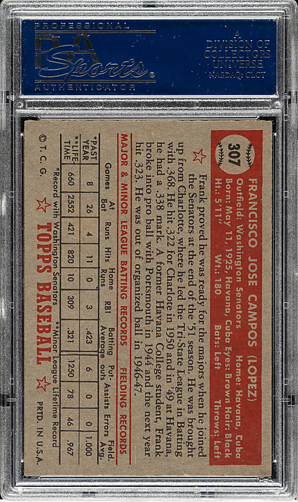 1952 Topps #307 Frank Campos PSA NM-MT 8