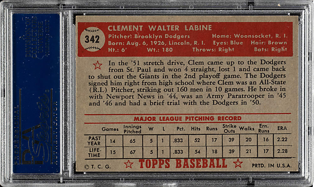 1952 Topps #342 Clem Labine Rookie High Number PSA NM-MT 8