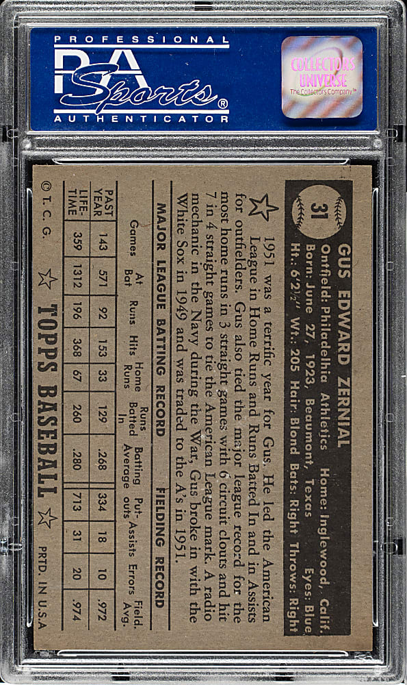 1952 Topps #31 Gus Zernial Black Back PSA NM-MT 8