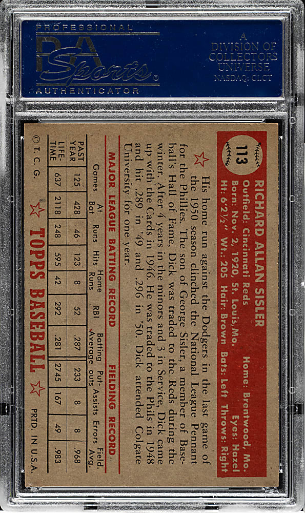1952 Topps #113 Dick Sisler PSA NM 7