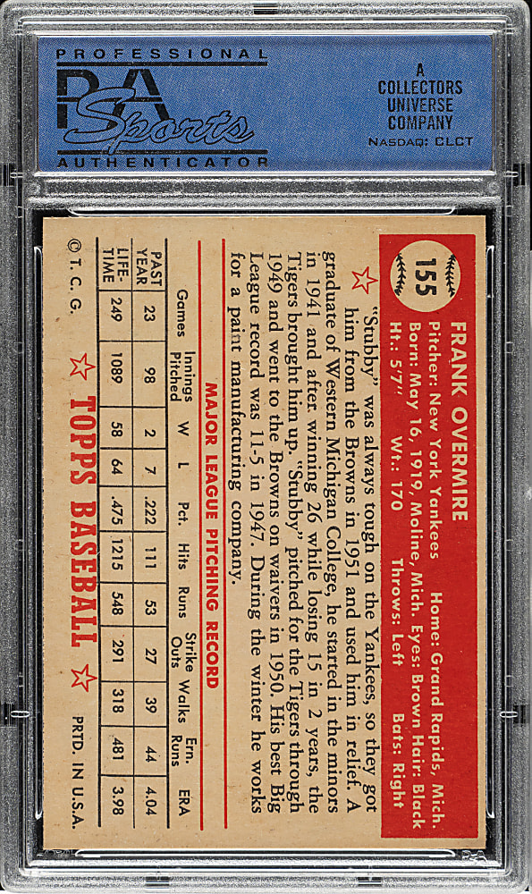 1952 Topps #155 Frank Overmire PSA NM 7