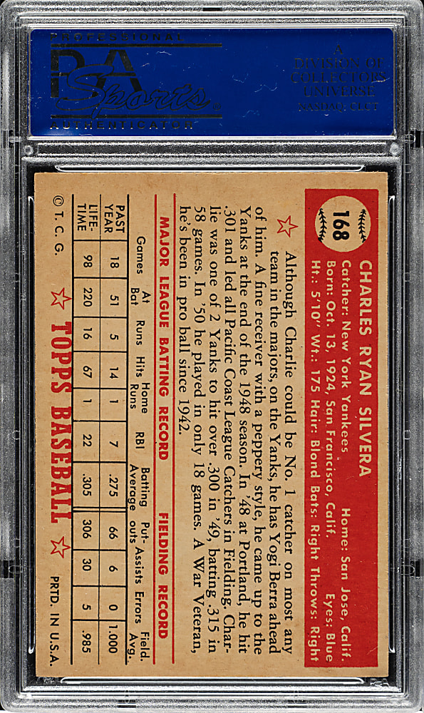 1952 Topps #168 Charlie Silvera PSA NM 7