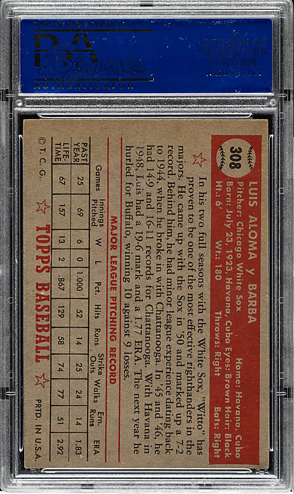 1952 Topps #308 Luis Aloma PSA NM 7