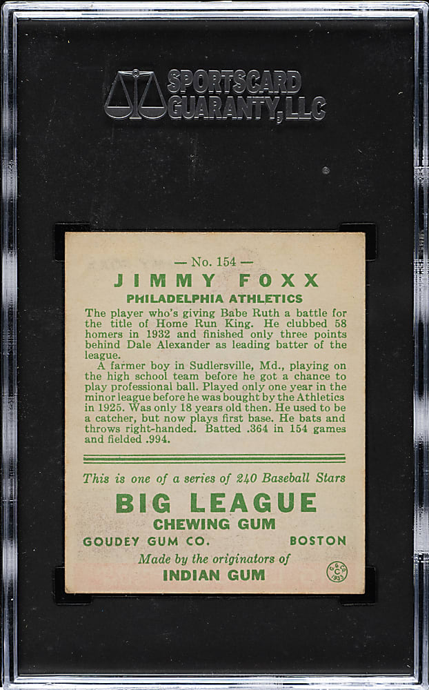 1933 R319 Goudey #154 Jimmie Foxx SGC EX+ 5.5