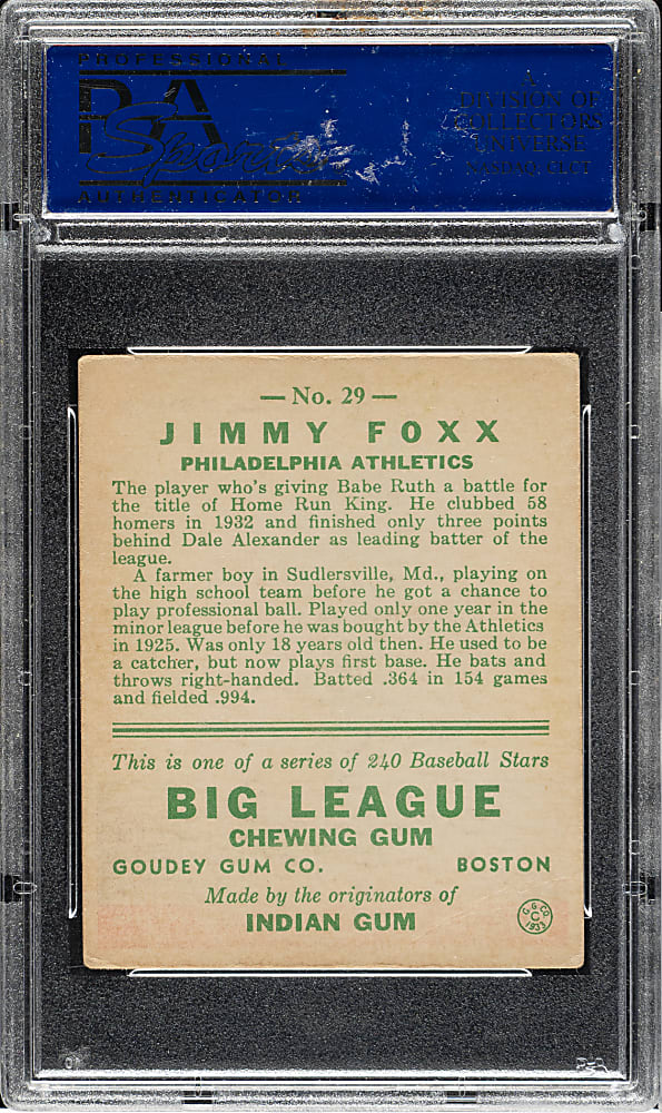 1933 R319 Goudey #29 Jimmie Foxx PSA VG-EX 4