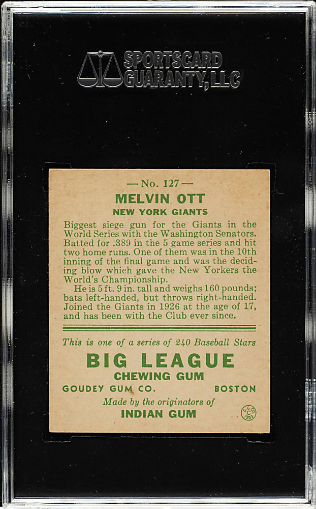 1933 R319 Goudey #127 Mel Ott SGC EX/NM 80