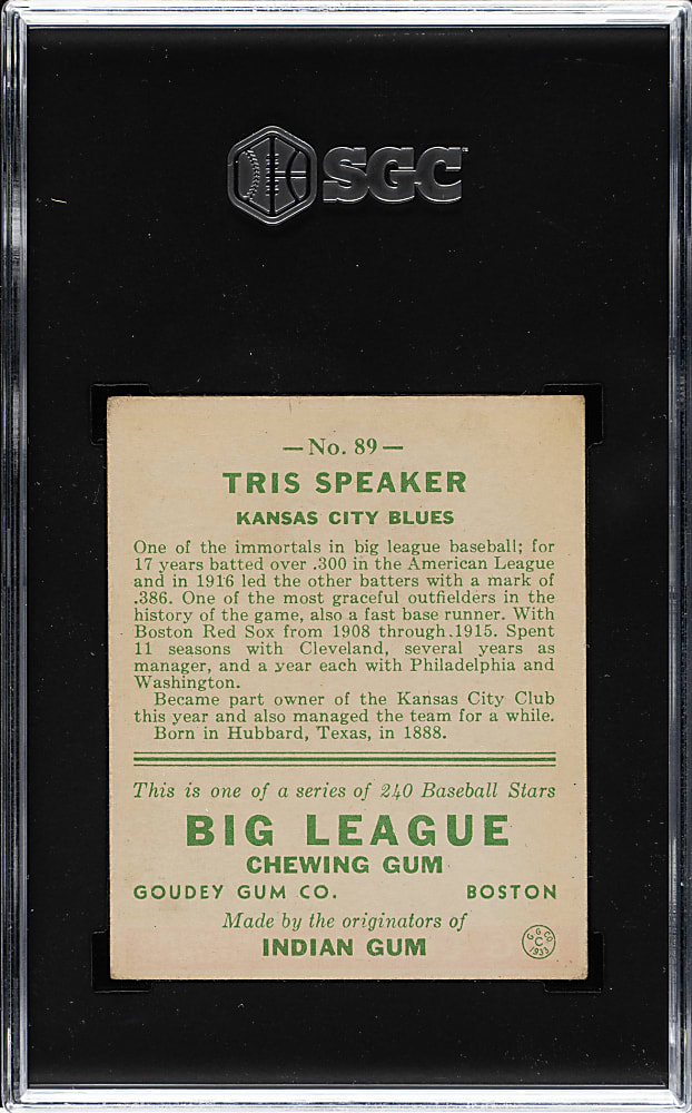 1933 R319 Goudey #89 Tris Speaker SGC EX+ 5.5