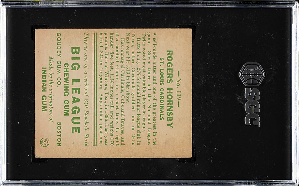 1933 R319 Goudey #119 Rogers Hornsby SGC EX 5