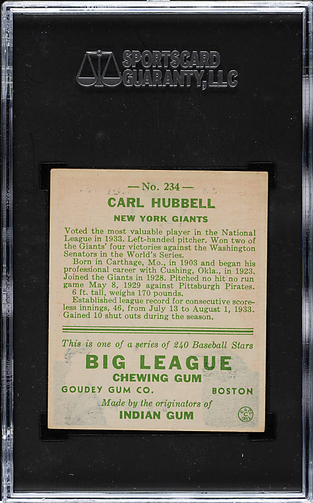 1933 R319 Goudey #234 Carl Hubbell SGC EX 5