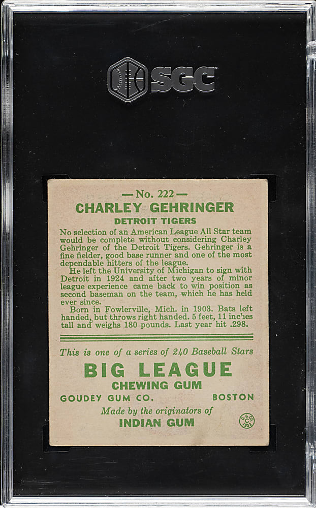 1933 R319 Goudey #222 Charley Gehringer SGC VG/EX 4