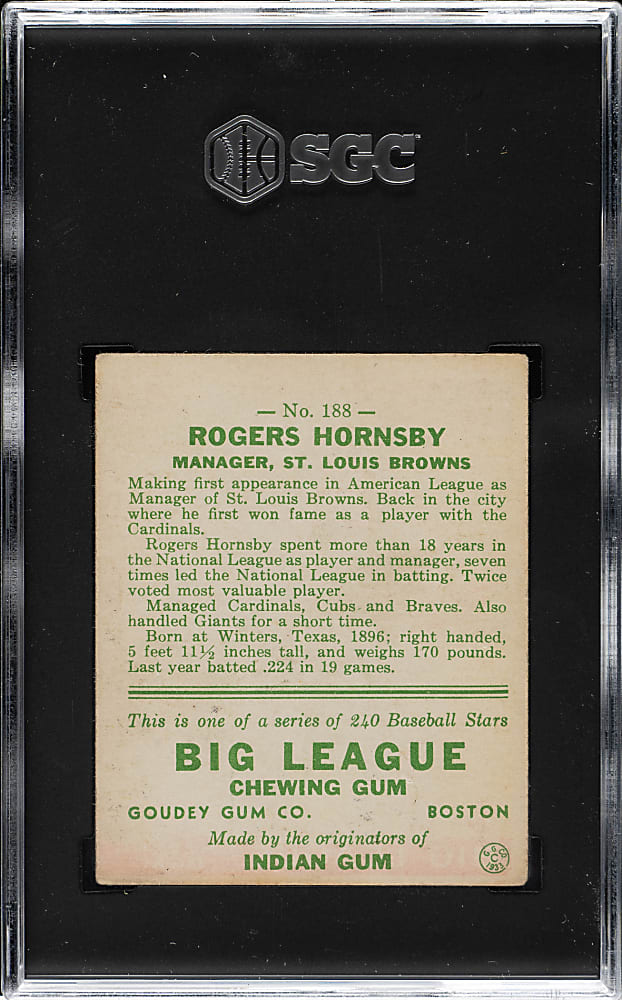 1933 R319 Goudey #188 Rogers Hornsby SGC VG/EX 4