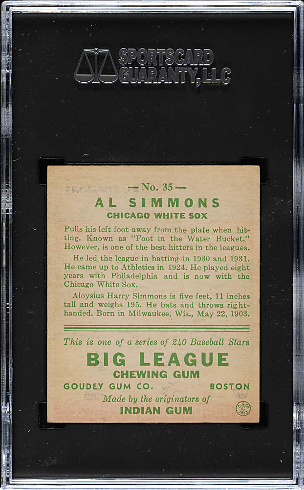 1933 R319 Goudey #35 Al Simmons SGC EX 5