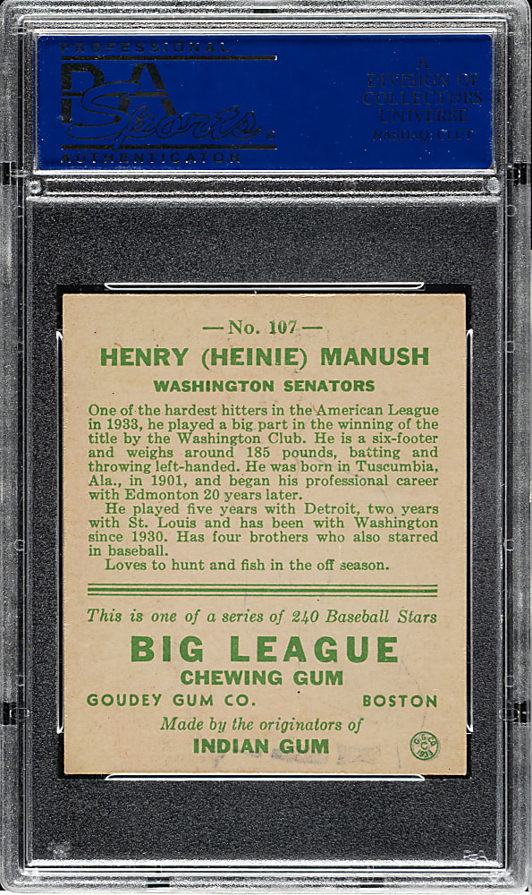 1933 R319 Goudey #107 Heinie Manush PSA EX-MT 6