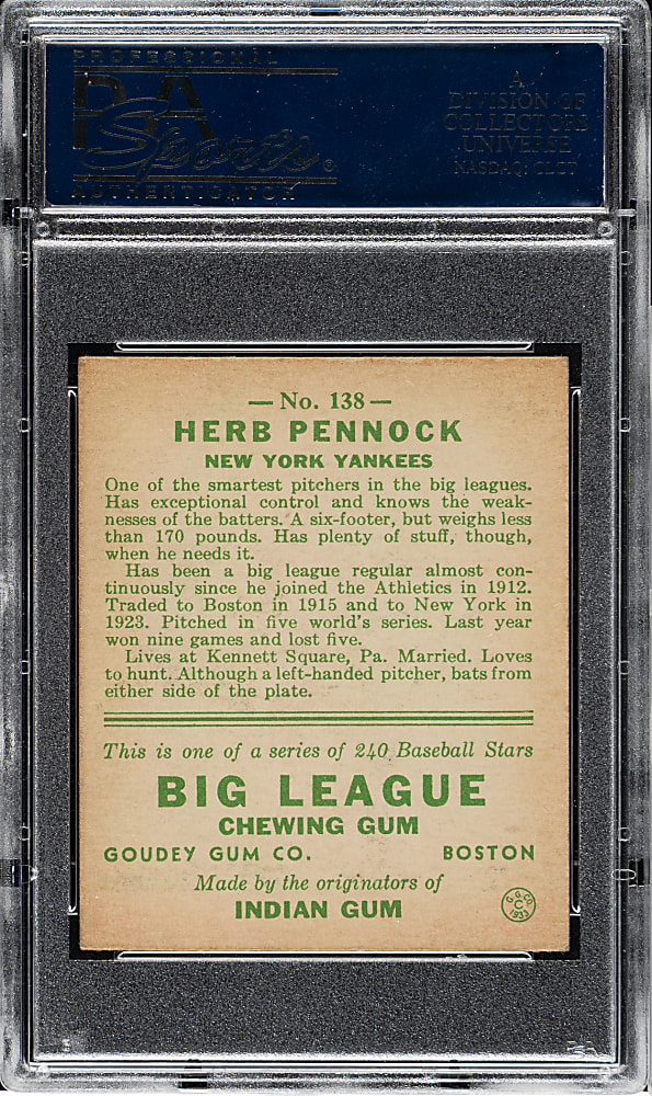 1933 R319 Goudey #138 Herb Pennock PSA EX 5