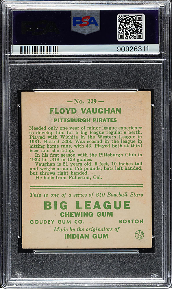 1933 R319 Goudey #229 Arky Vaughan PSA EX 5