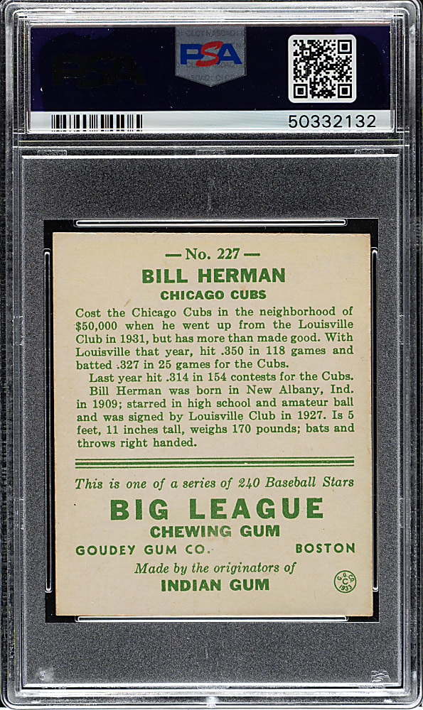 1933 R319 Goudey #227 Bill Herman PSA VG-EX 4