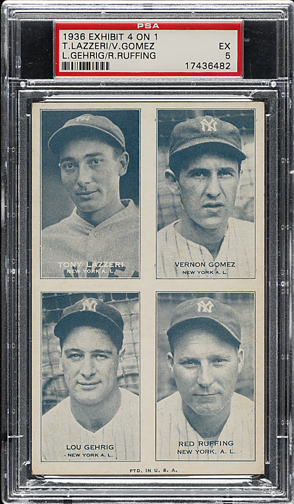 1936 Exhibits 4-on-1 with Lou Gehrig, Tony Lazzeri, Vernon Gomez, and Red Ruffing PSA EX 5