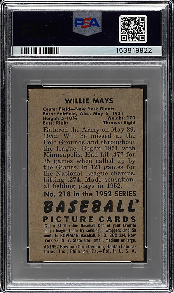 1952 Bowman #218 Willie Mays PSA VG 3