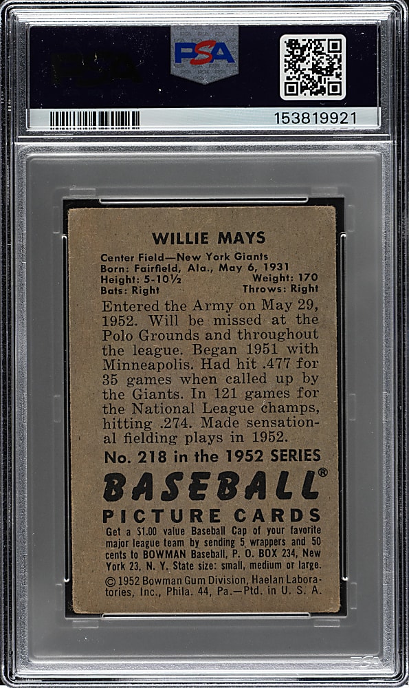 1952 Bowman #218 Willie Mays PSA GOOD 2