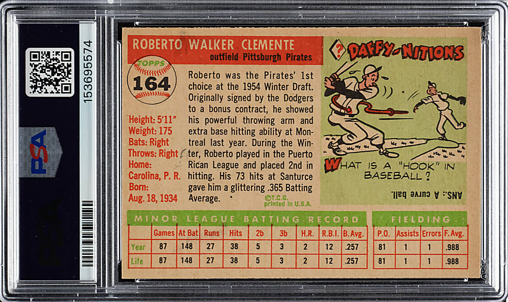 1955 Topps #164 Roberto Clemente Rookie PSA EX-MT 6