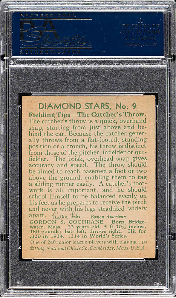 1934-1936 R327 Diamond Stars #9 Mickey Cochrane (1935 Green Back) PSA NM 7