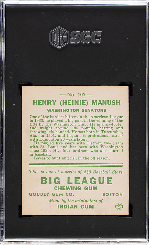 1933 R319 Goudey #107 Heinie Manush SGC NM 7