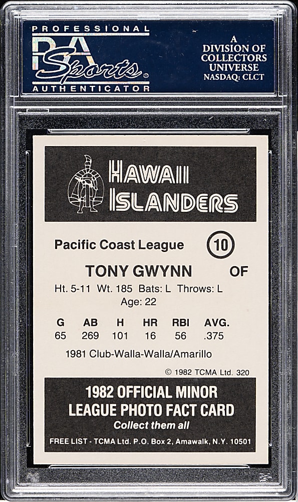 1982 TCMA Hawaii Islanders #10 Tony Gwynn PSA MINT 9 - Pre-Rookie!