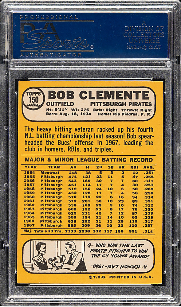 1968 Topps #150 Roberto Clemente PSA NM-MT 8