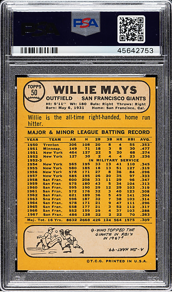 1968 Topps #50 Willie Mays PSA NM-MT 8