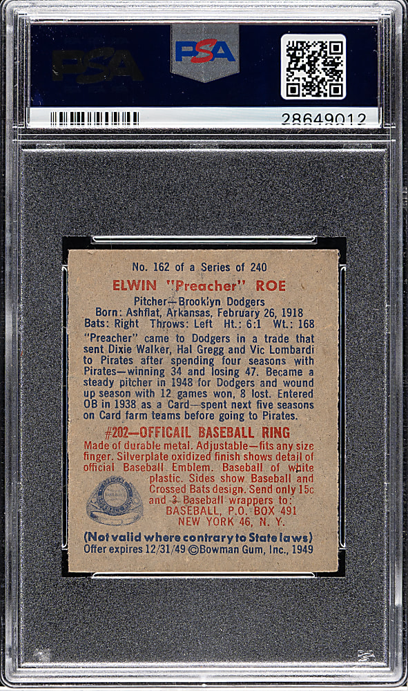 1949 Bowman #162 Preacher Roe Rookie PSA NM-MT 8