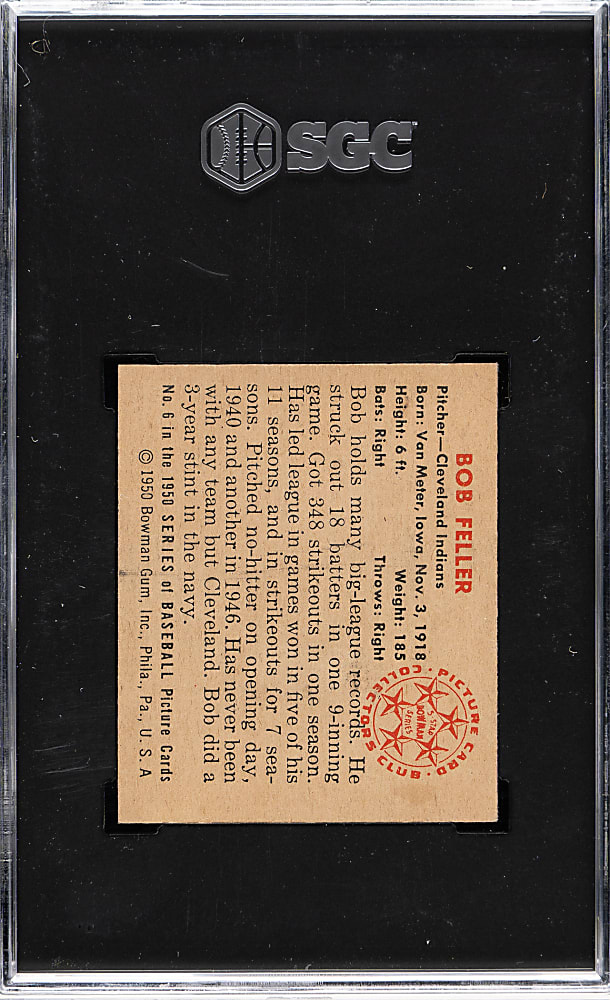 1950 Bowman #6 Bob Feller SGC NM 7