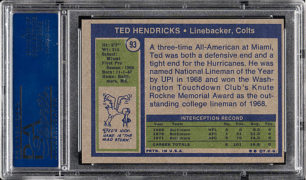 1972 Topps Football #93 Ted Hendricks Rookie PSA MINT 9